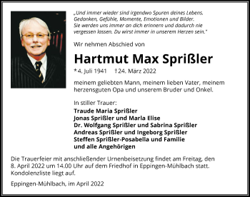 Traueranzeige von Hartmut Max Sprißler von GESAMT