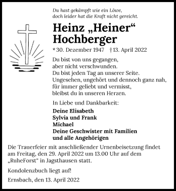 Traueranzeige von Heinz Hochberger von GESAMT