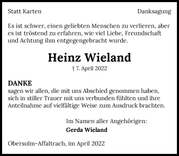 Traueranzeige von Heinz Wieland von GESAMT