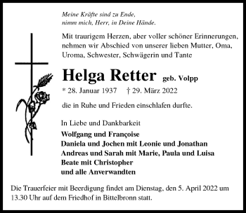 Traueranzeige von Helga Retter von GESAMT