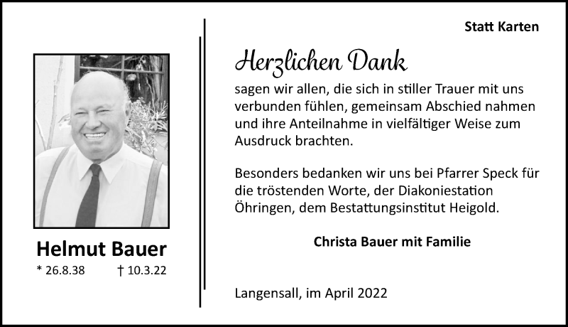  Traueranzeige für Helmut Bauer vom 09.04.2022 aus GESAMT