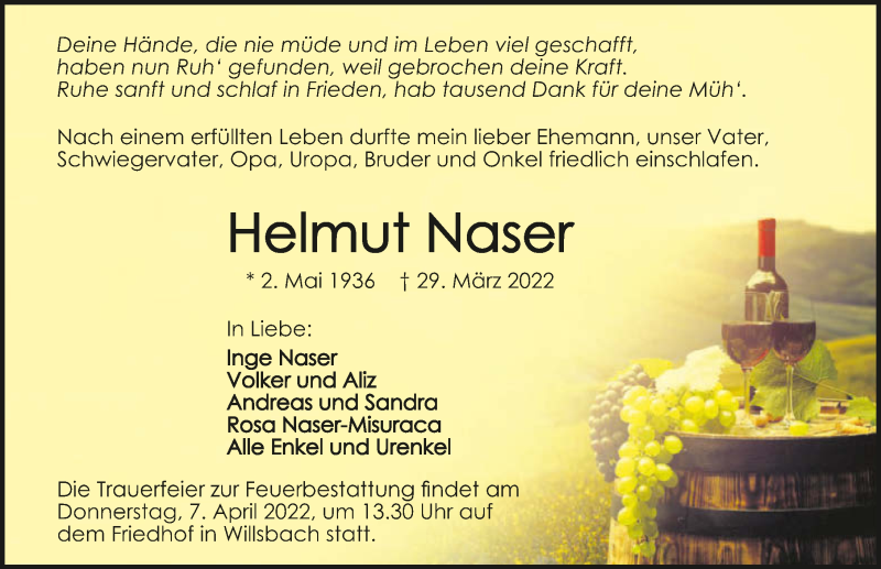  Traueranzeige für Helmut Naser vom 02.04.2022 aus GESAMT