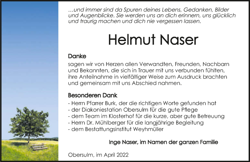  Traueranzeige für Helmut Naser vom 16.04.2022 aus GESAMT