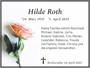 Traueranzeige von Hilde Roth von GESAMT