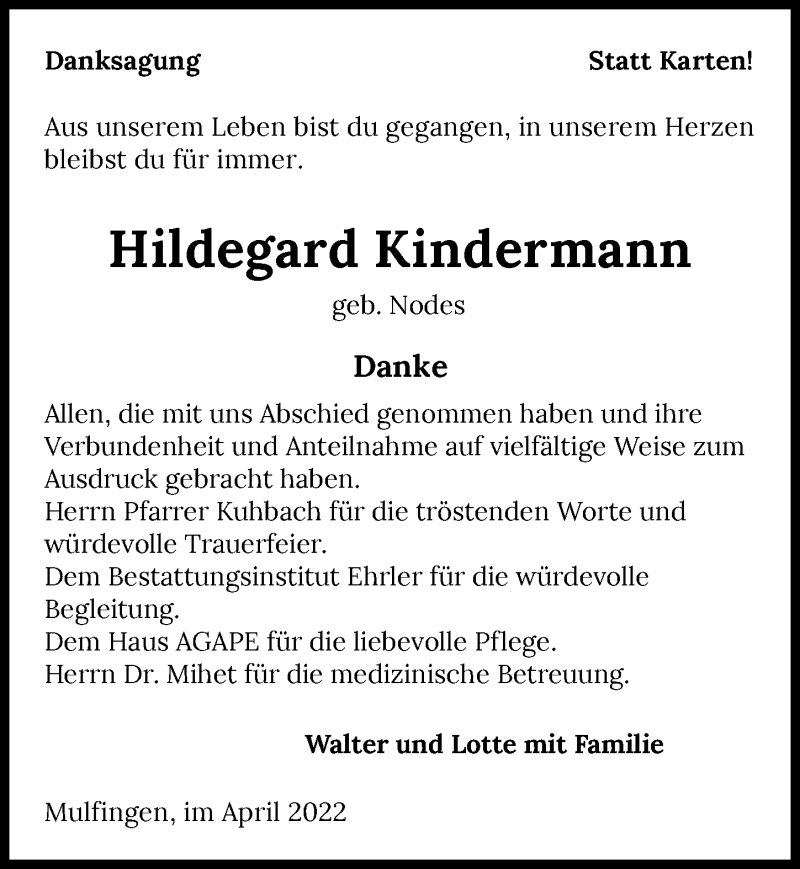  Traueranzeige für Hildegard Kindermann vom 12.04.2022 aus GESAMT