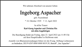 Traueranzeige von Ingeborg Aspacher von GESAMT