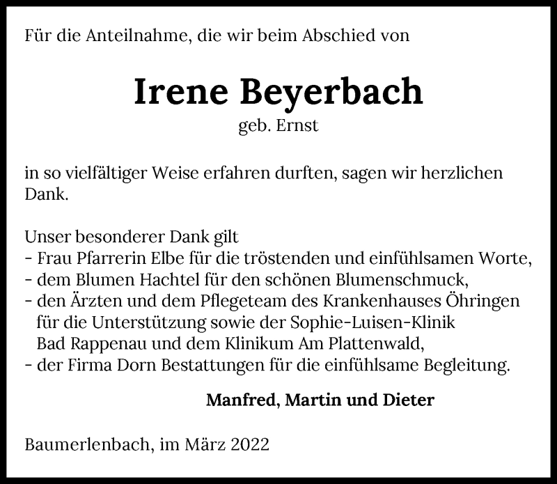  Traueranzeige für Irene Beyerbach vom 31.03.2022 aus GESAMT
