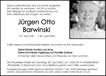 Traueranzeige von Jürgen Barwinski von GESAMT