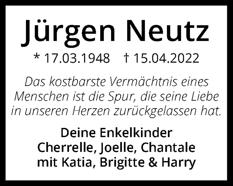  Traueranzeige für Jürgen Neutz vom 23.04.2022 aus GESAMT
