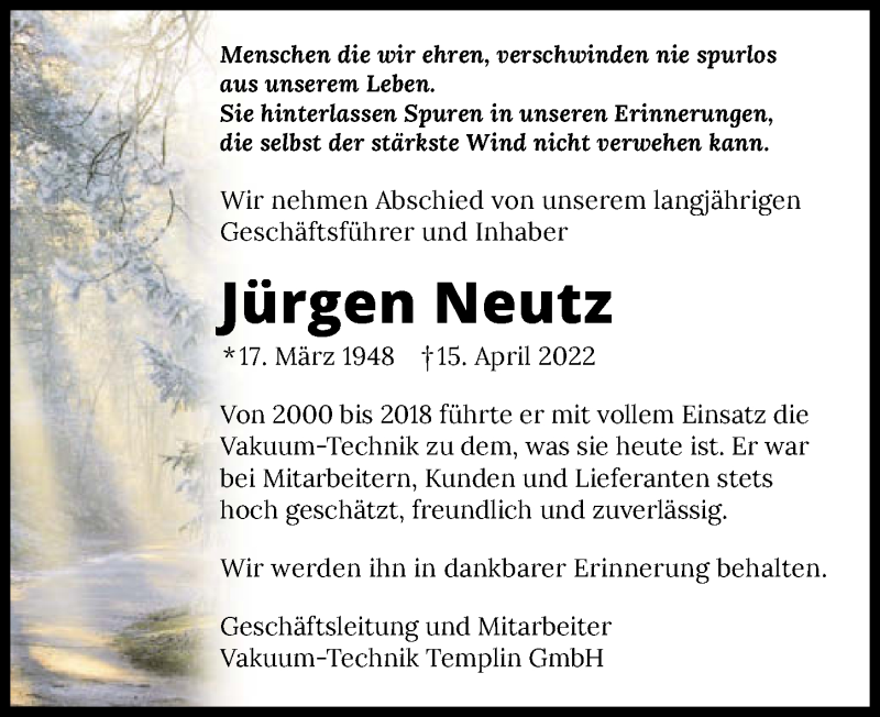  Traueranzeige für Jürgen Neutz vom 23.04.2022 aus GESAMT