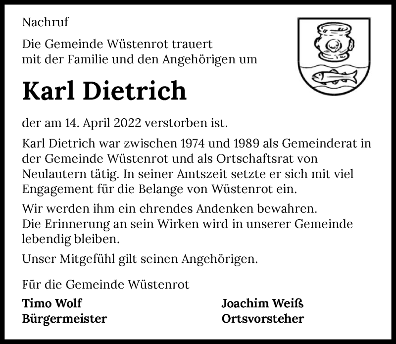  Traueranzeige für Karl Dietrich vom 23.04.2022 aus GESAMT