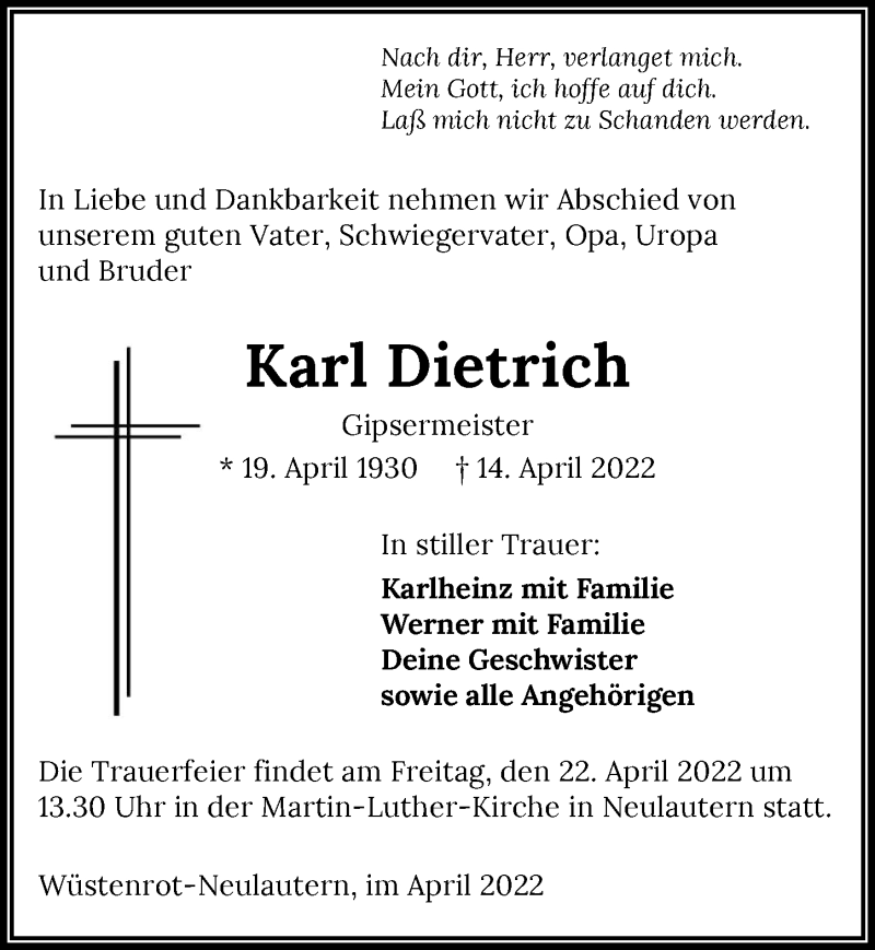  Traueranzeige für Karl Dietrich vom 20.04.2022 aus GESAMT