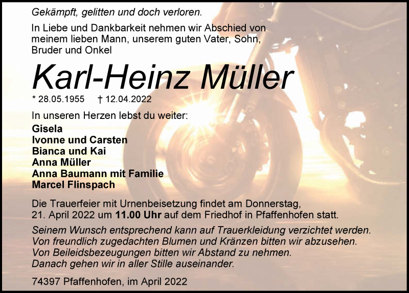  Traueranzeige für Karl-Heinz Müller vom 20.04.2022 aus GESAMT