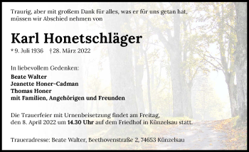 Traueranzeige von Karl Honetschläger von GESAMT