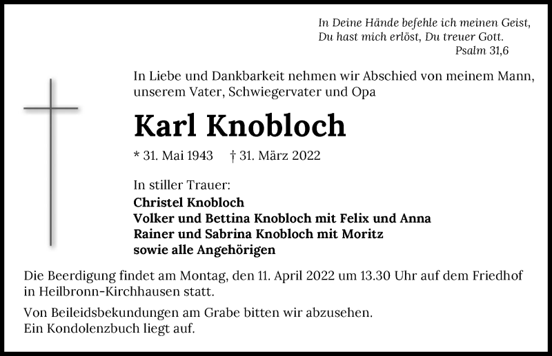  Traueranzeige für Karl Knobloch vom 06.04.2022 aus GESAMT
