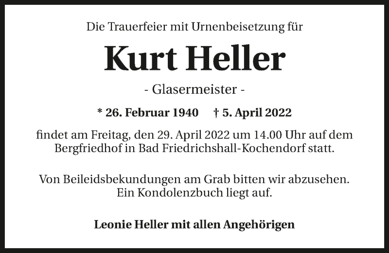  Traueranzeige für Kurt Heller vom 27.04.2022 aus GESAMT