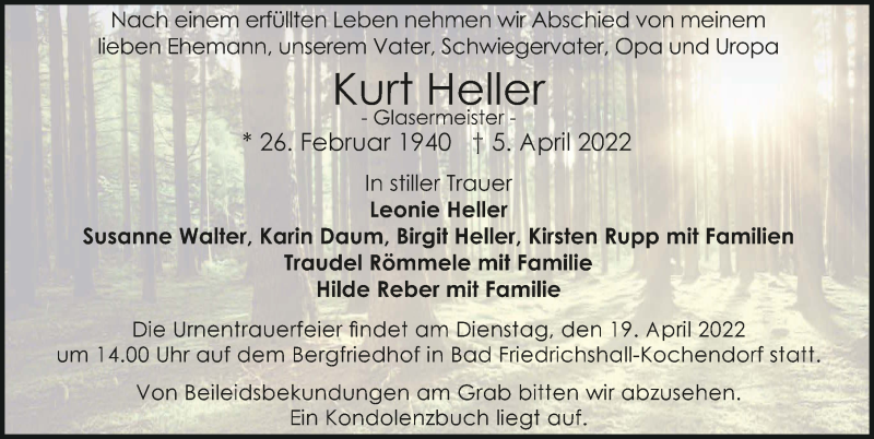  Traueranzeige für Kurt Heller vom 13.04.2022 aus GESAMT