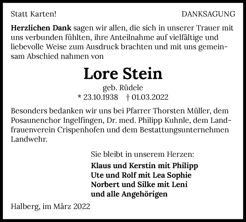  Traueranzeige für Lore Stein vom 31.03.2022 aus GESAMT