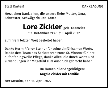 Traueranzeige von Lore Zickler von GESAMT