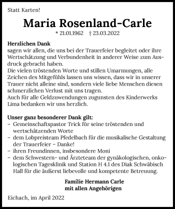 Traueranzeige von Maria Rosenland-Carle von GESAMT