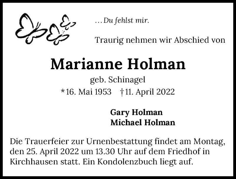  Traueranzeige für Marianne Holman vom 20.04.2022 aus GESAMT