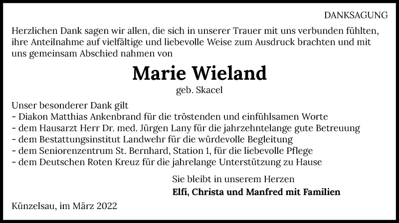  Traueranzeige für Marie Wieland vom 09.04.2022 aus GESAMT