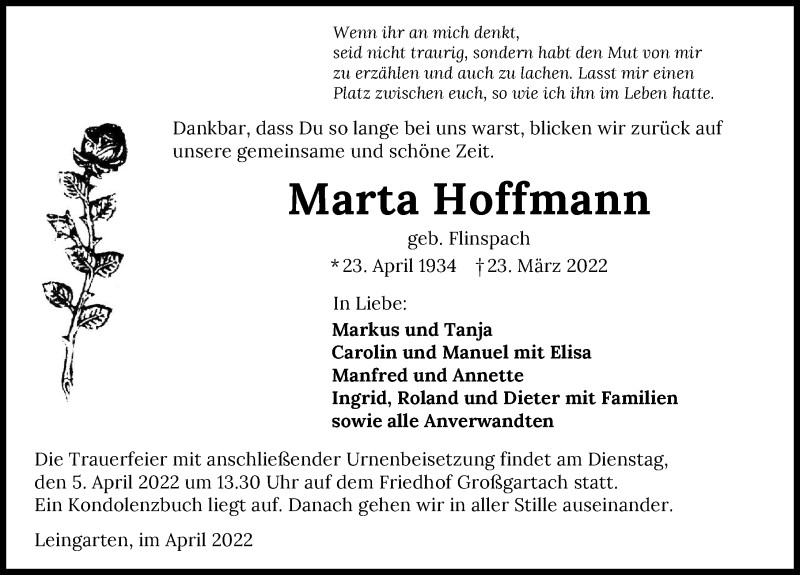  Traueranzeige für Marta Hoffmann vom 02.04.2022 aus GESAMT