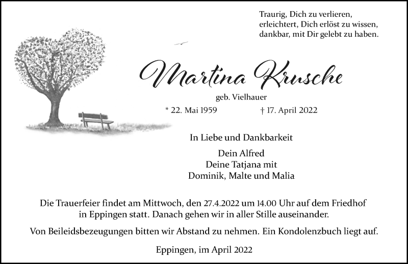  Traueranzeige für Martina Krusche vom 25.04.2022 aus GESAMT