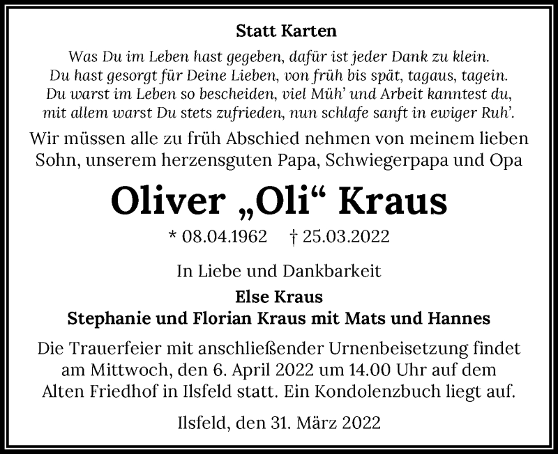  Traueranzeige für Oliver Kraus vom 31.03.2022 aus GESAMT