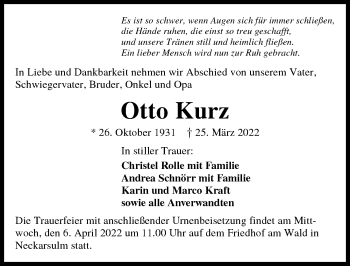 Traueranzeige von Otto Kurz von GESAMT