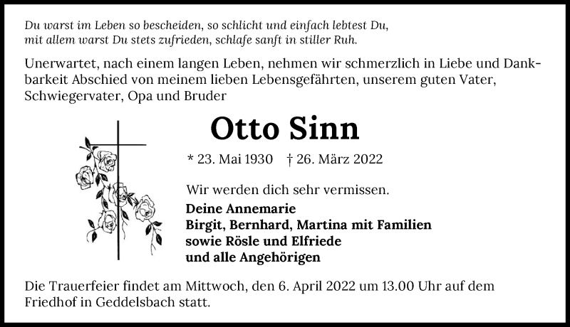  Traueranzeige für Otto Sinn vom 02.04.2022 aus GESAMT