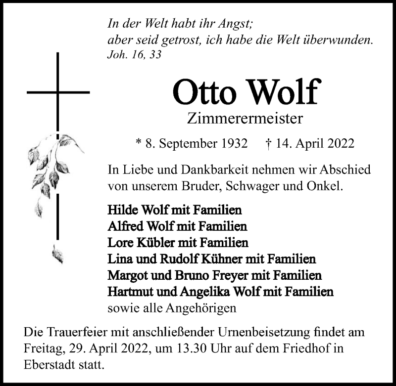  Traueranzeige für Otto Wolf vom 23.04.2022 aus GESAMT