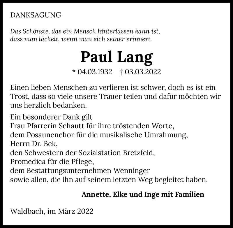  Traueranzeige für Paul Lang vom 02.04.2022 aus GESAMT