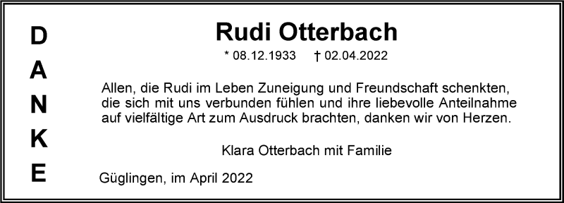  Traueranzeige für Rudi Otterbach vom 23.04.2022 aus GESAMT