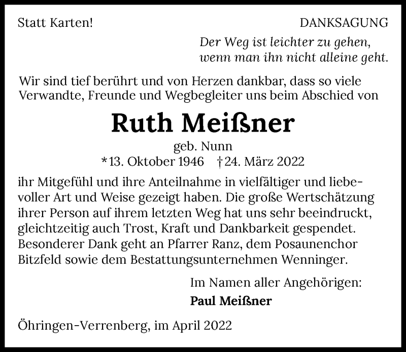  Traueranzeige für Ruth Meißner vom 28.04.2022 aus GESAMT