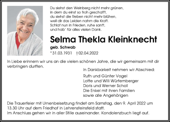 Traueranzeige von Selma Thekla Kleinknecht von GESAMT