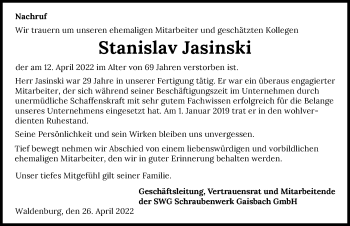 Traueranzeige von Stanislav Jasinski von GESAMT
