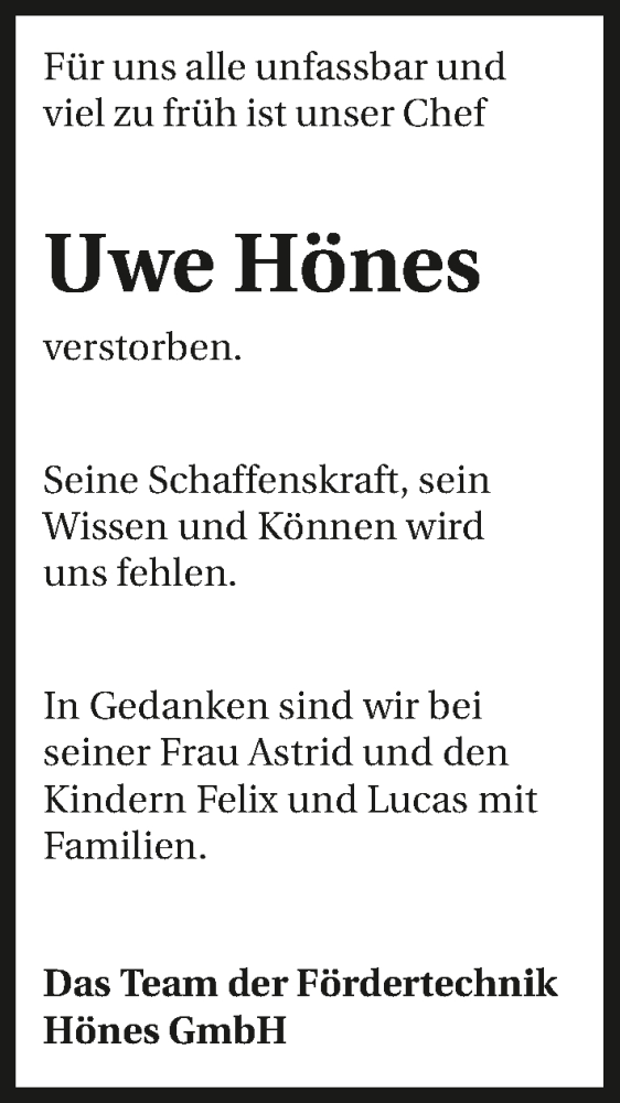  Traueranzeige für Uwe Hönes vom 14.04.2022 aus GESAMT