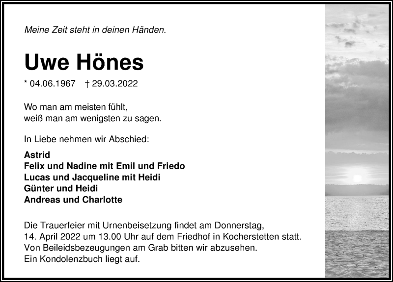  Traueranzeige für Uwe Hönes vom 09.04.2022 aus GESAMT