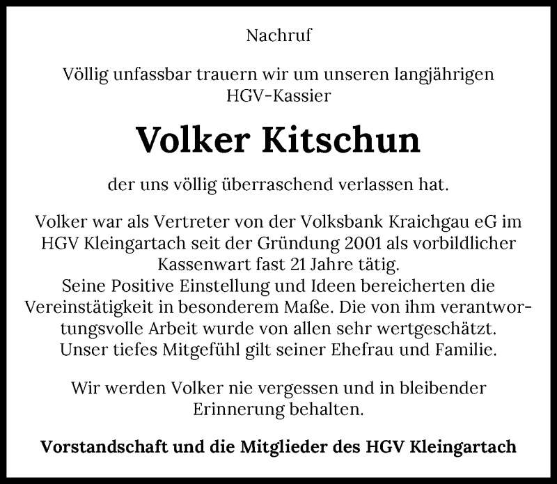  Traueranzeige für Volker Kitschun vom 07.04.2022 aus GESAMT