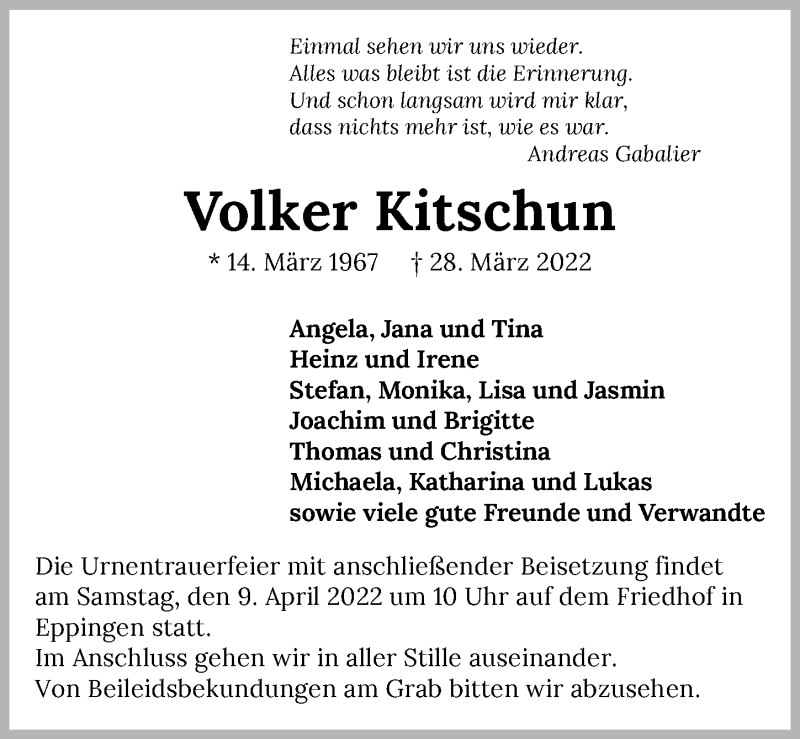  Traueranzeige für Volker Kitschun vom 05.04.2022 aus GESAMT