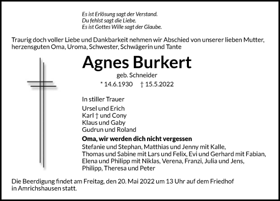 Traueranzeige von Agnes Burkert von GESAMT