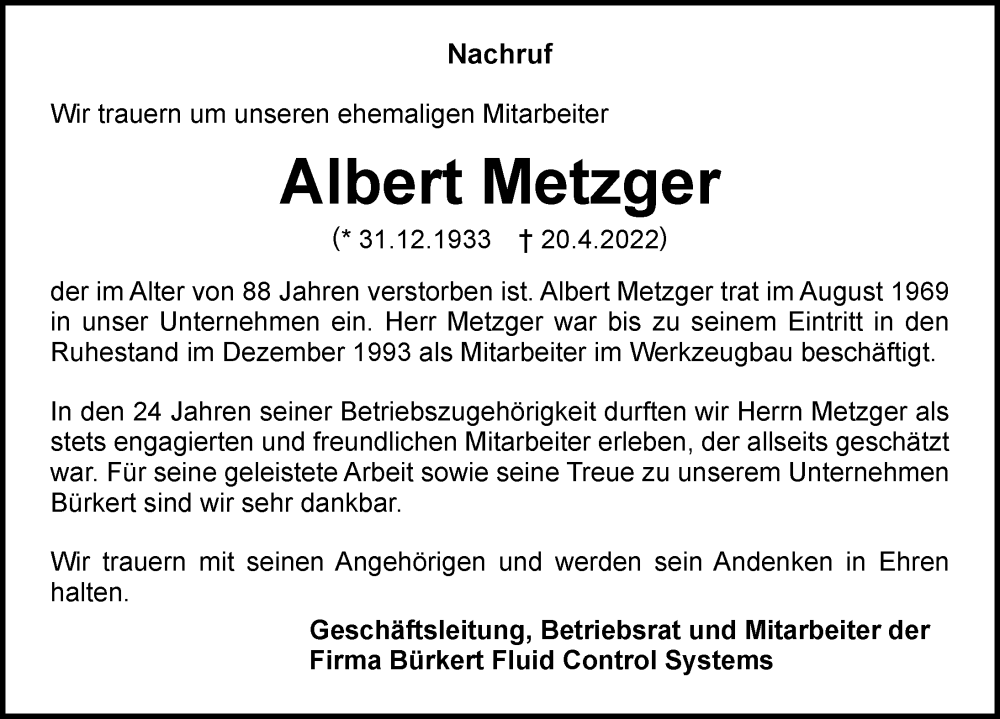  Traueranzeige für Albert Metzger vom 14.05.2022 aus GESAMT