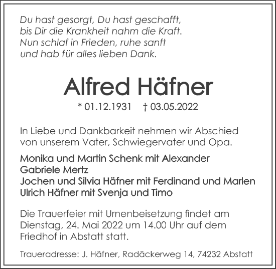 Traueranzeige von Alfred Häfner von GESAMT