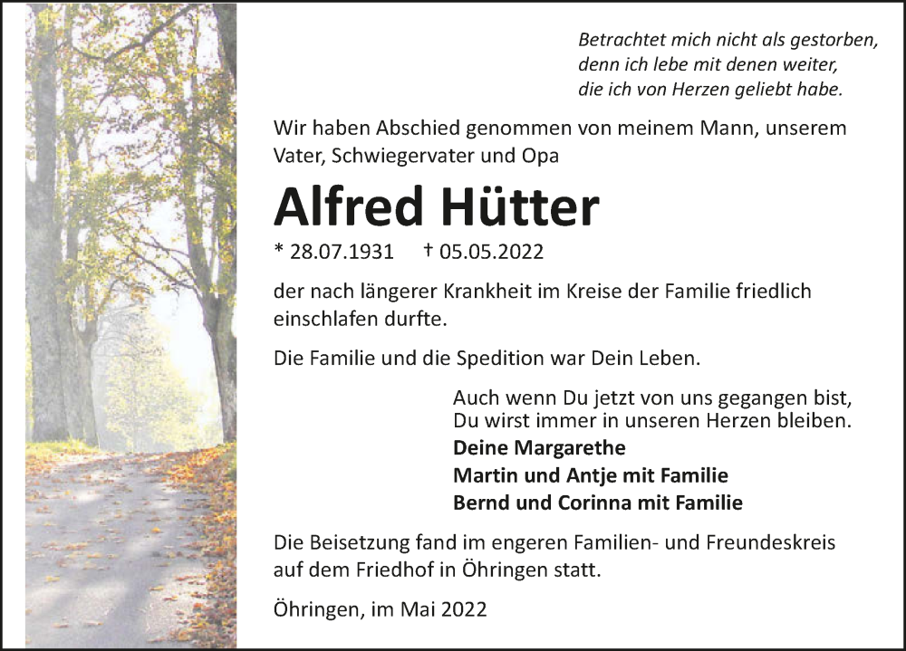  Traueranzeige für Alfred Hütter vom 18.05.2022 aus GESAMT