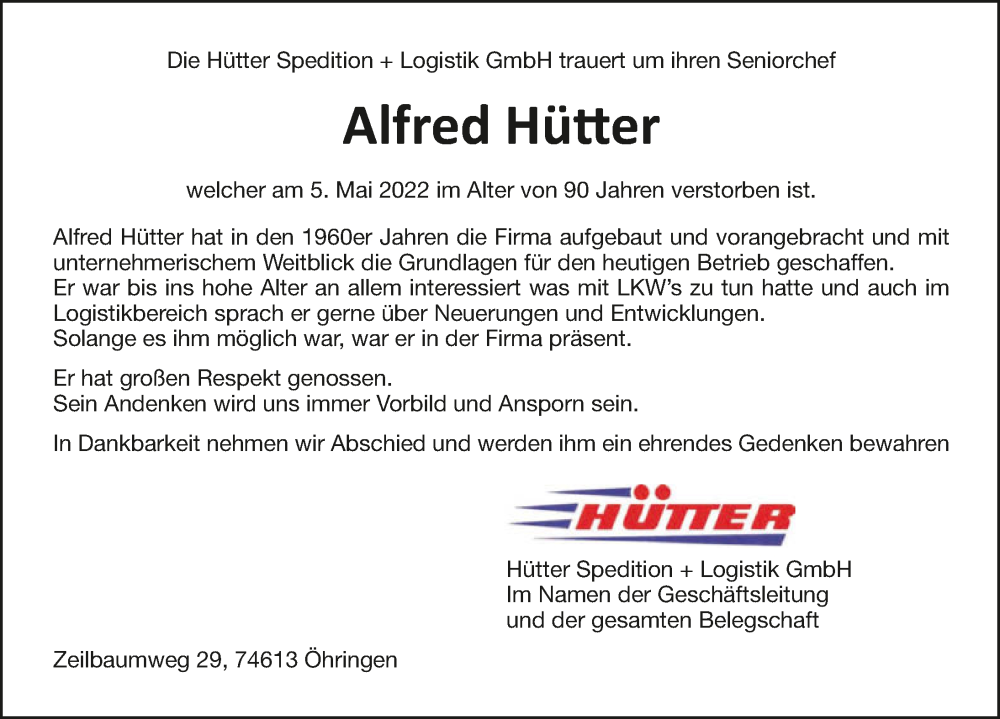  Traueranzeige für Alfred Hütter vom 18.05.2022 aus GESAMT