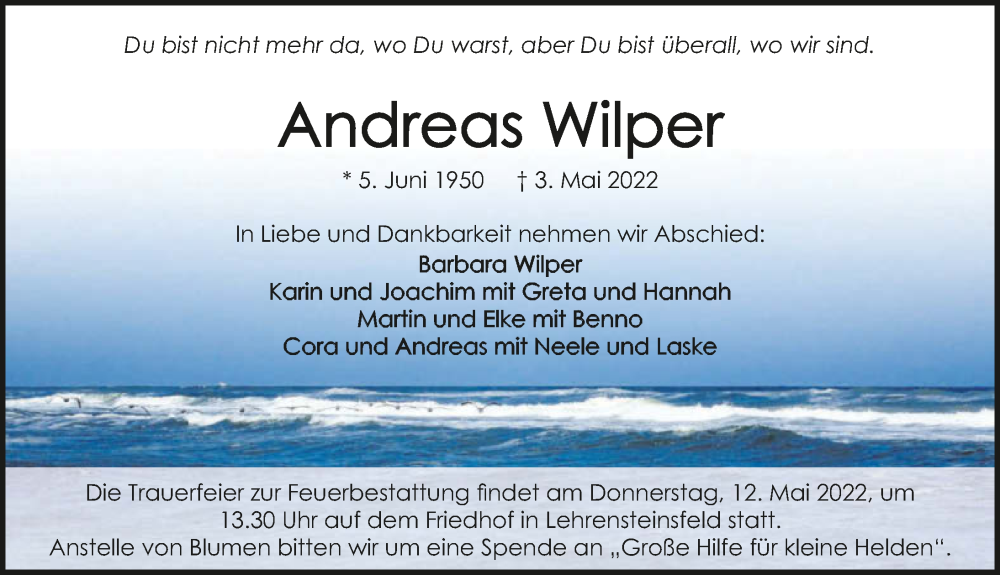  Traueranzeige für Andreas Wilper vom 07.05.2022 aus GESAMT