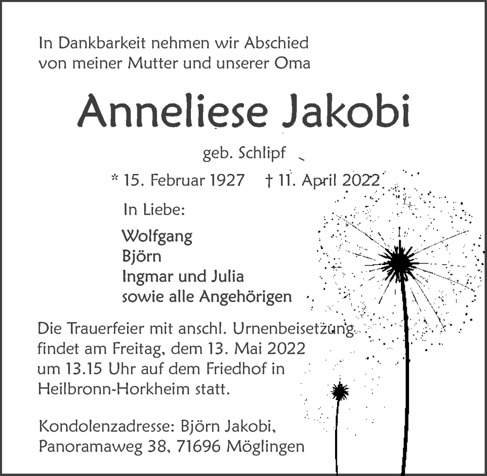  Traueranzeige für Anneliese Jakobi vom 07.05.2022 aus GESAMT