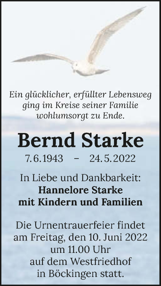  Traueranzeige für Bernd Starke vom 28.05.2022 aus GESAMT