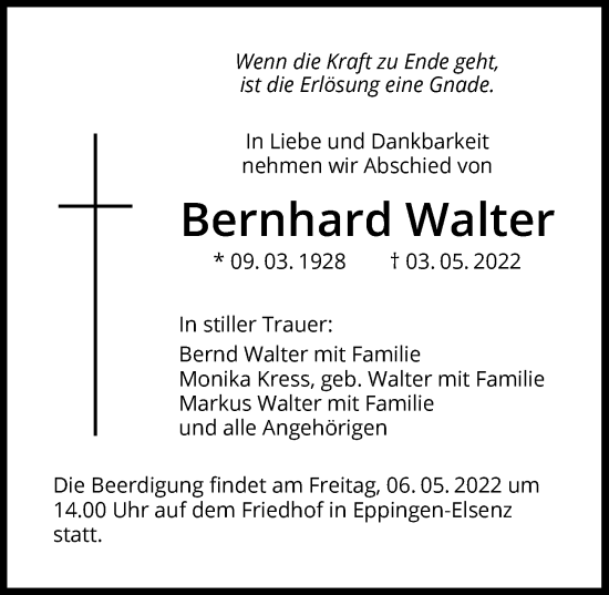 Traueranzeige von Bernhard Walter von GESAMT